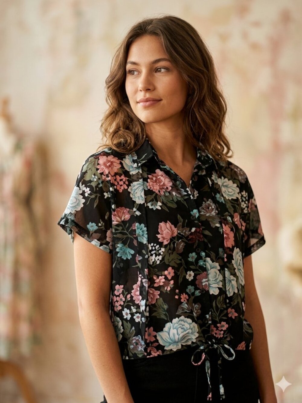 Vintage FRITZI Blouse Top Semi Sheer Collared Adjustable Waist Black Floral L